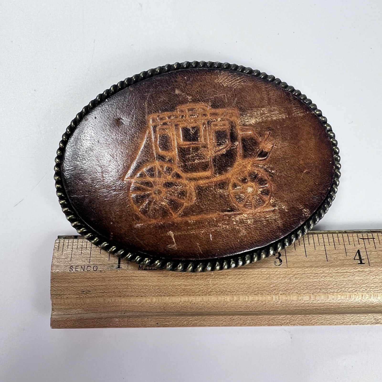 Vintage Western Stagecoach Belt Buckle Tooled Leather Brass Oval Cowboy