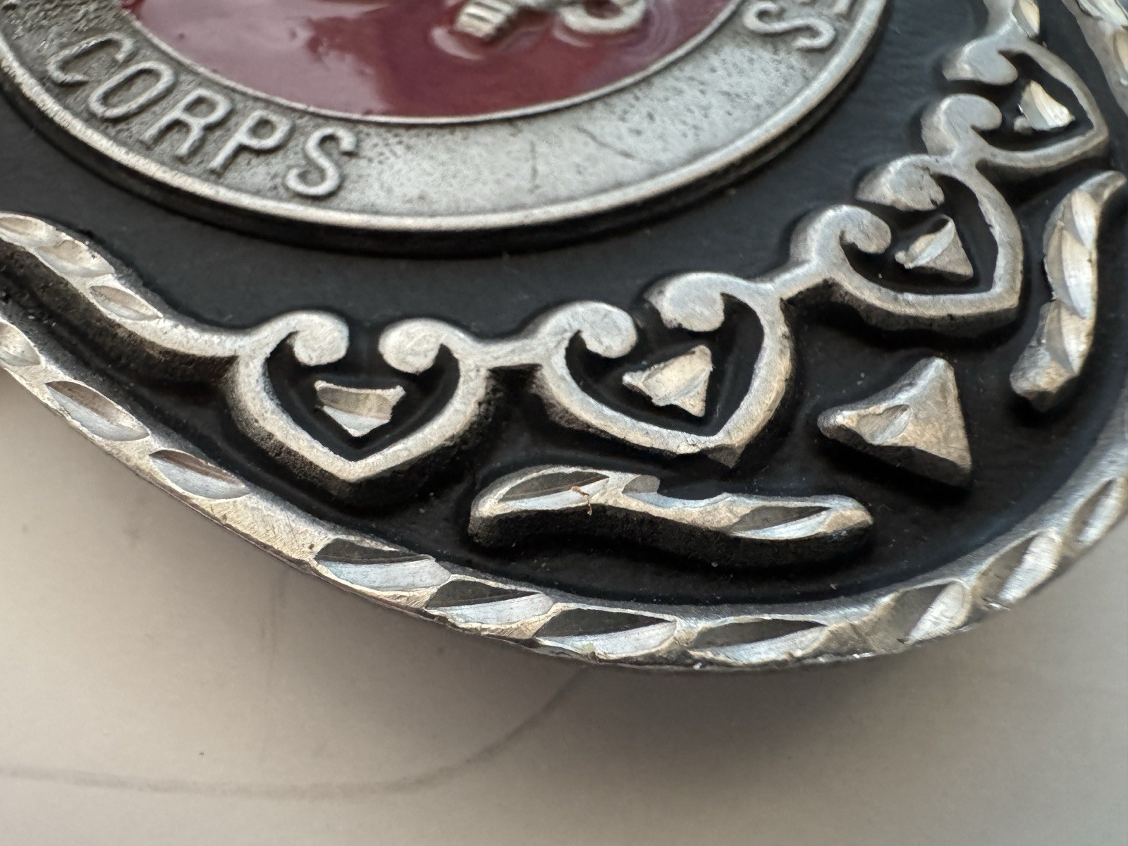 U.S. Marines Belt Buckle Pewter & Red Enamel Vintage United States Marine Corps