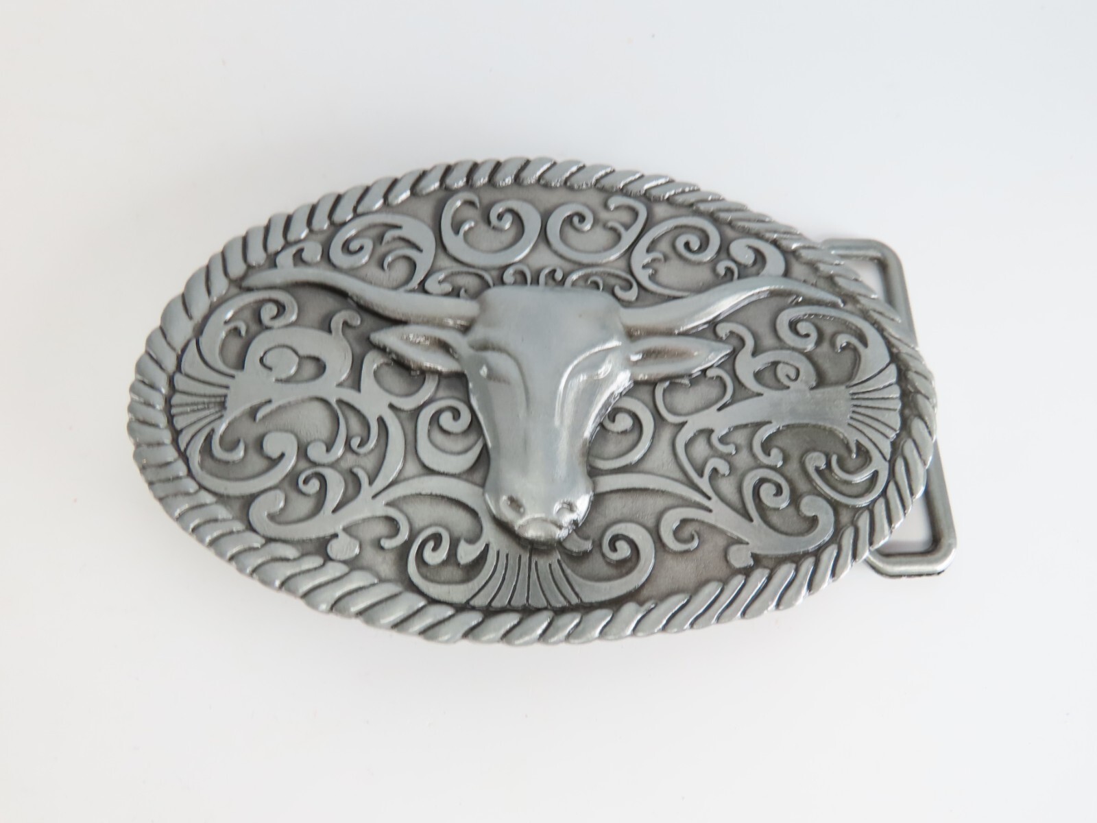 New Steer Long Horn Belt Buckle Cowboy Ornate Rodeo in Package Pewter Tone