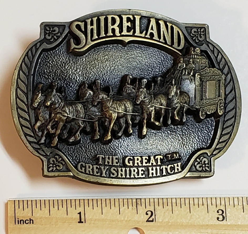 SHIRELAND Vintage Belt Buckle Pewter THE GREAT GREY SHIRE HITCH Horses 1987