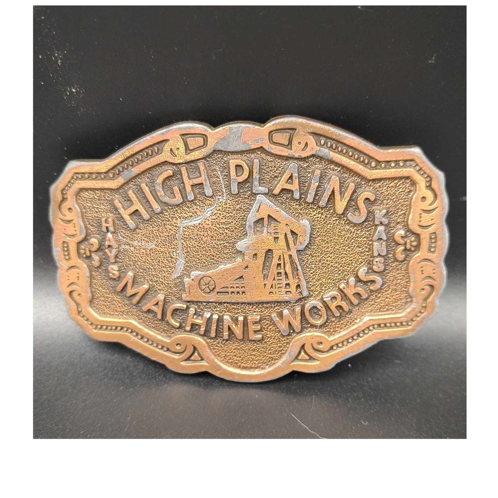 High Plains Machine Works Bronze Western Belt Buckle Oil Rig Kansas Oval Metal
