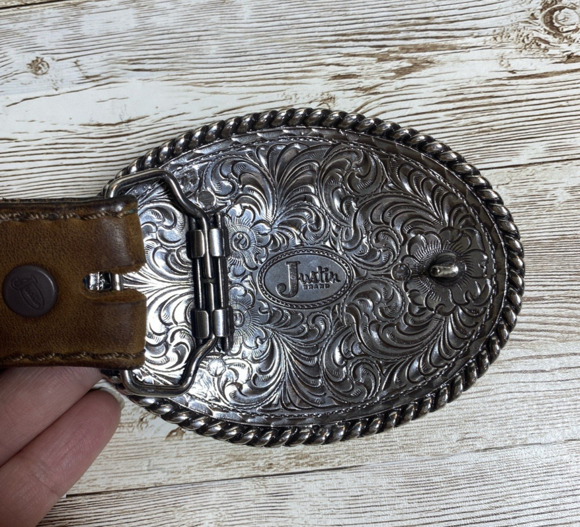 Justin Belt Mens Brown Leather Silver Tone Buckle Floral Scroll Western Cowboy