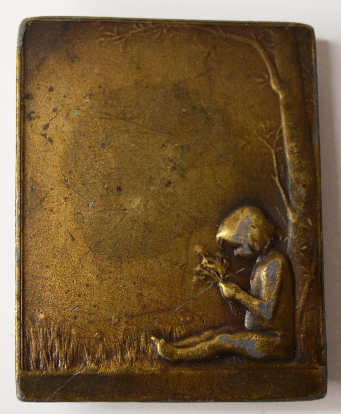 BERGAMOT BRASS WORKS CHILD HOLDING FLOWERS METAL BELT BUCKLE
