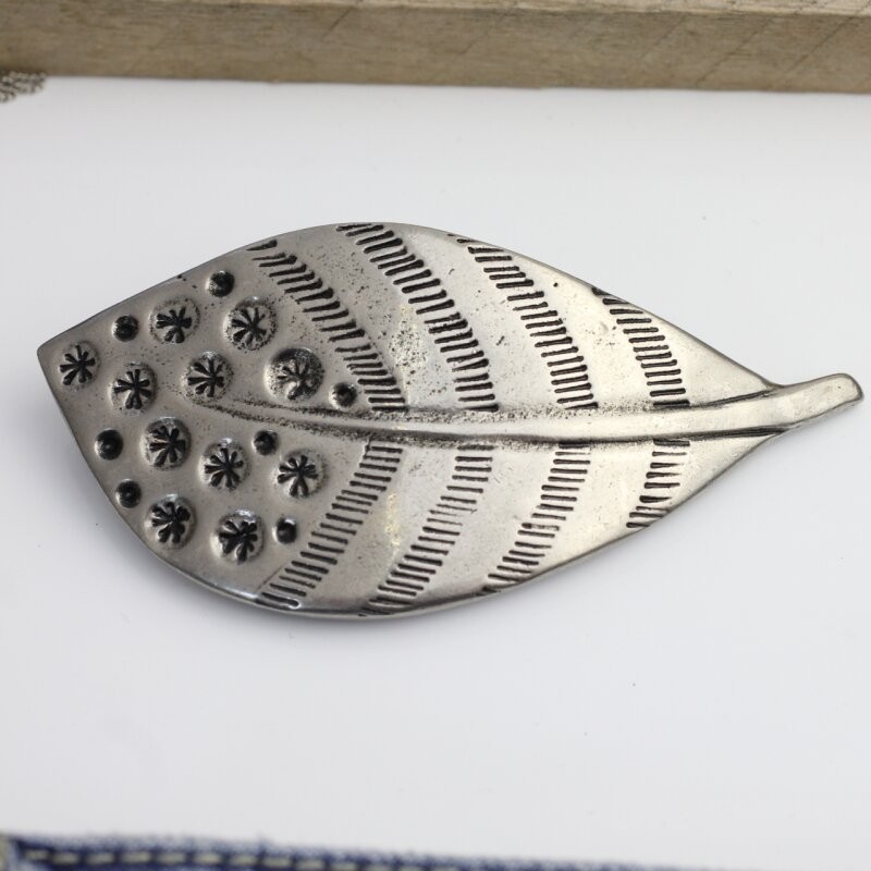 Feather belt buckle, peacock feather removable buckle dark silver-old silver