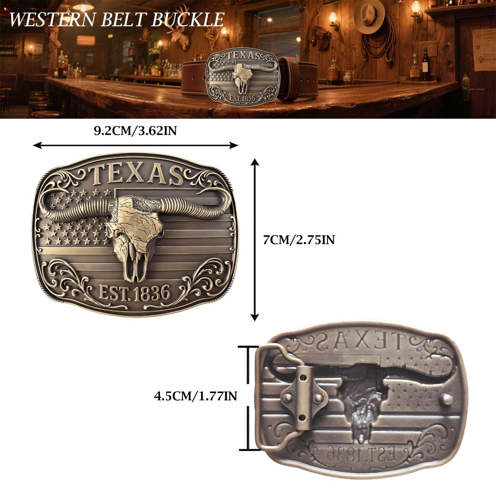 GRAERRY Cowboy Belt Buckle for Men Women Medium, 004 Bronze Texas 1836
