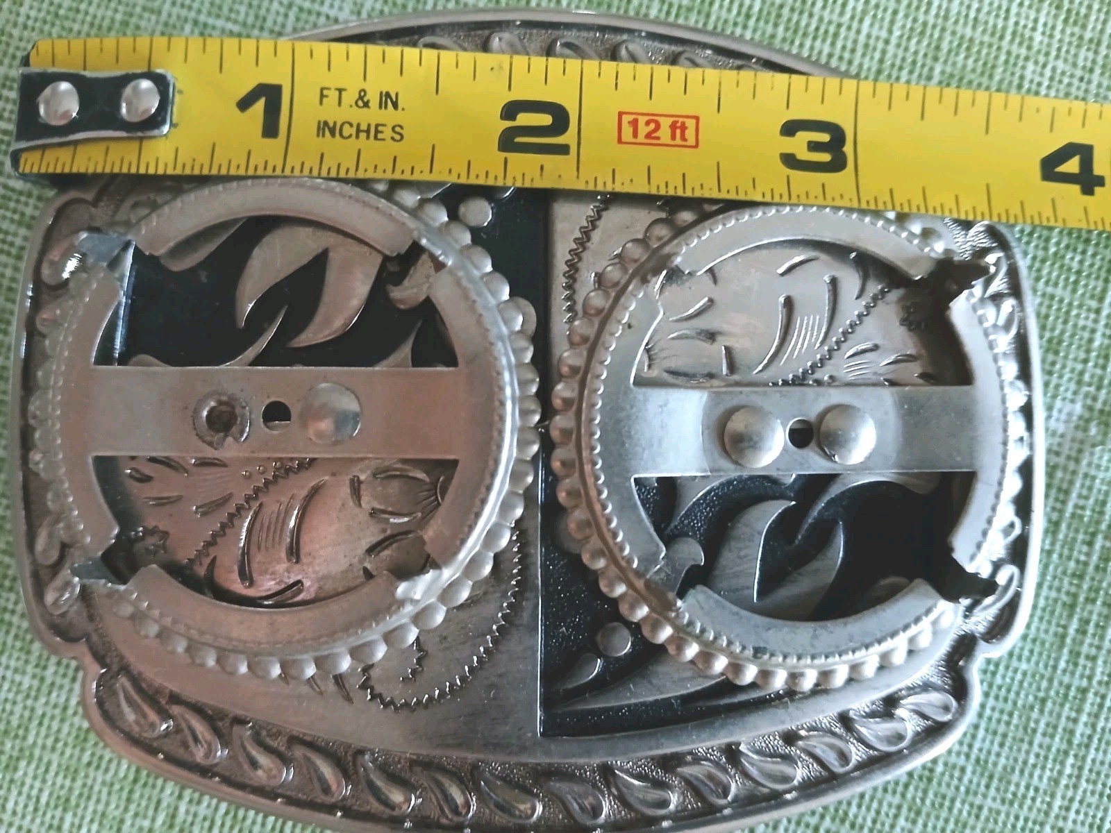 Vintage Western Metal Belt Buckle 4&Prime; Filigree & Paisley w/Two Large Coin Inserts
