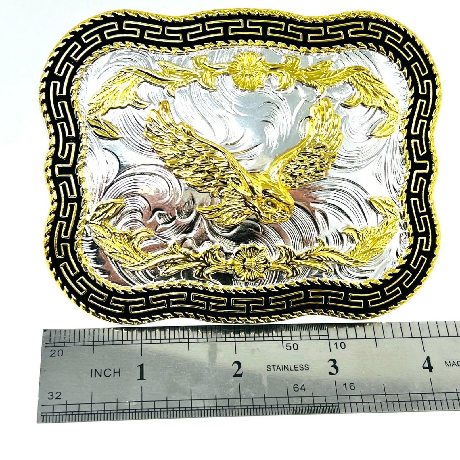 flying american eagle belt buckle pewter in silver black and gold 4×3 inches