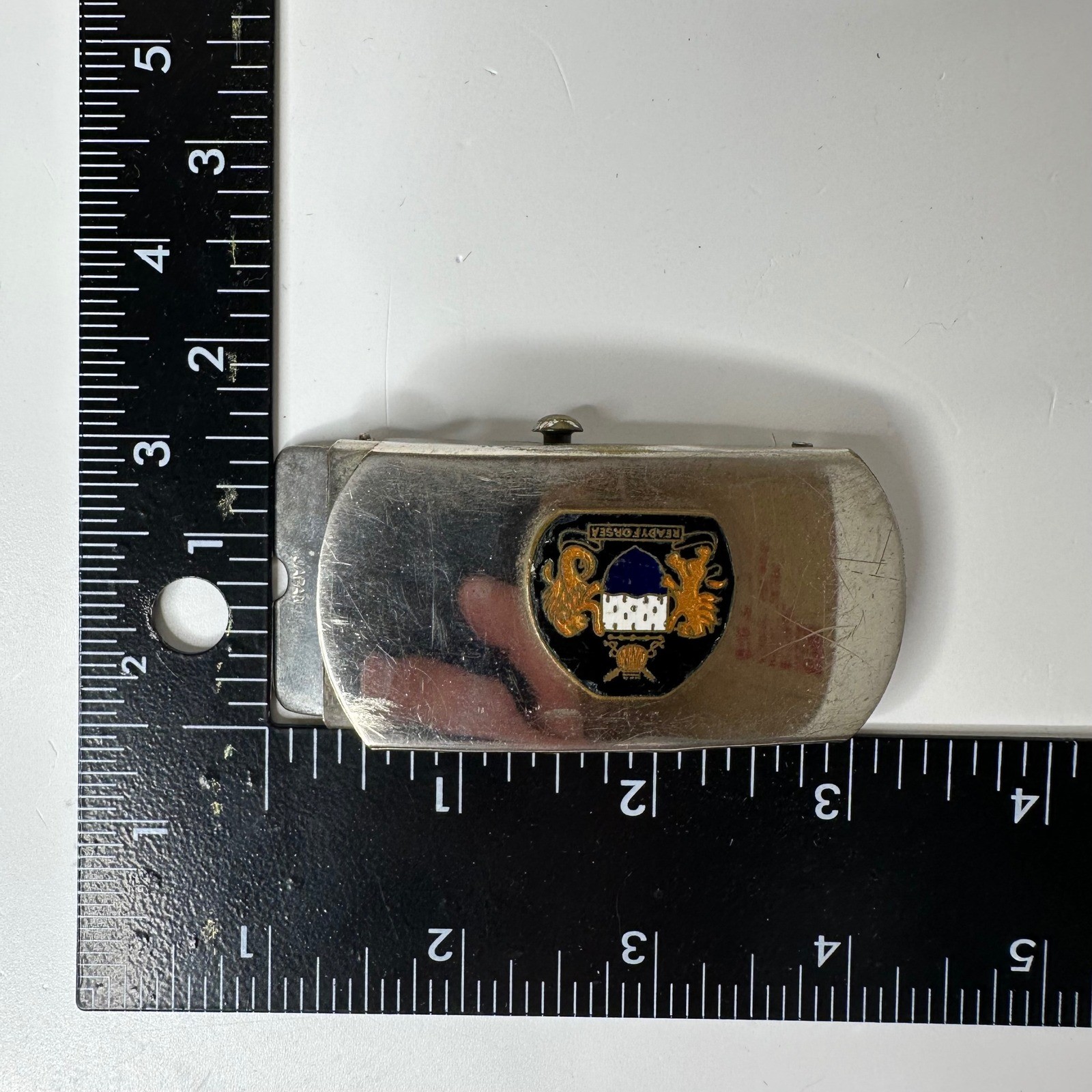 Vintage US Navy Belt Buckle Ready For Sea Enamel Crest Silver Tone Japan