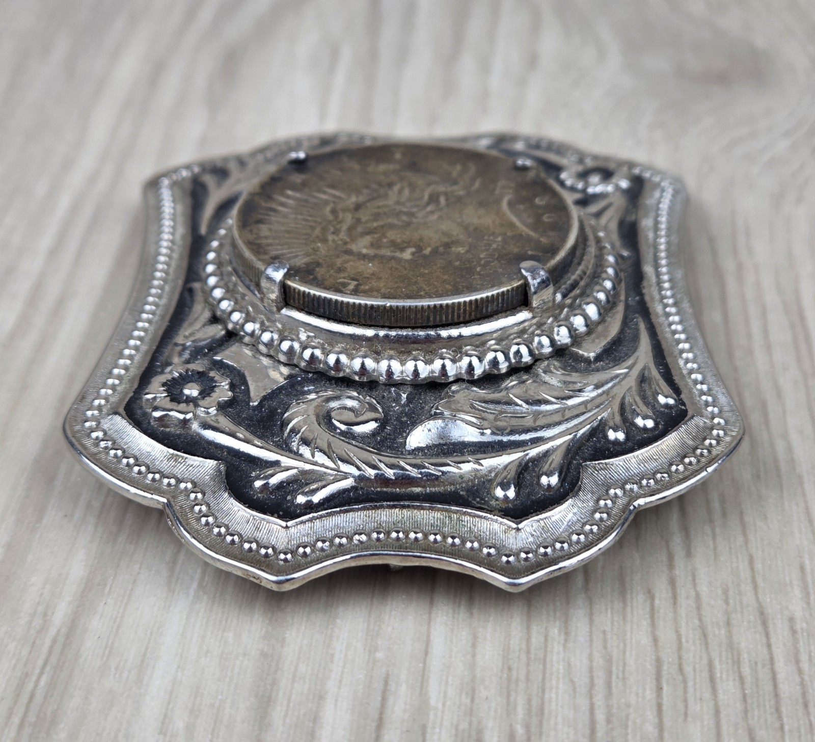 Vtg 1923 Peace Silver Dollar Coin Belt Buckle Engraved Scrollwork Western Cowboy