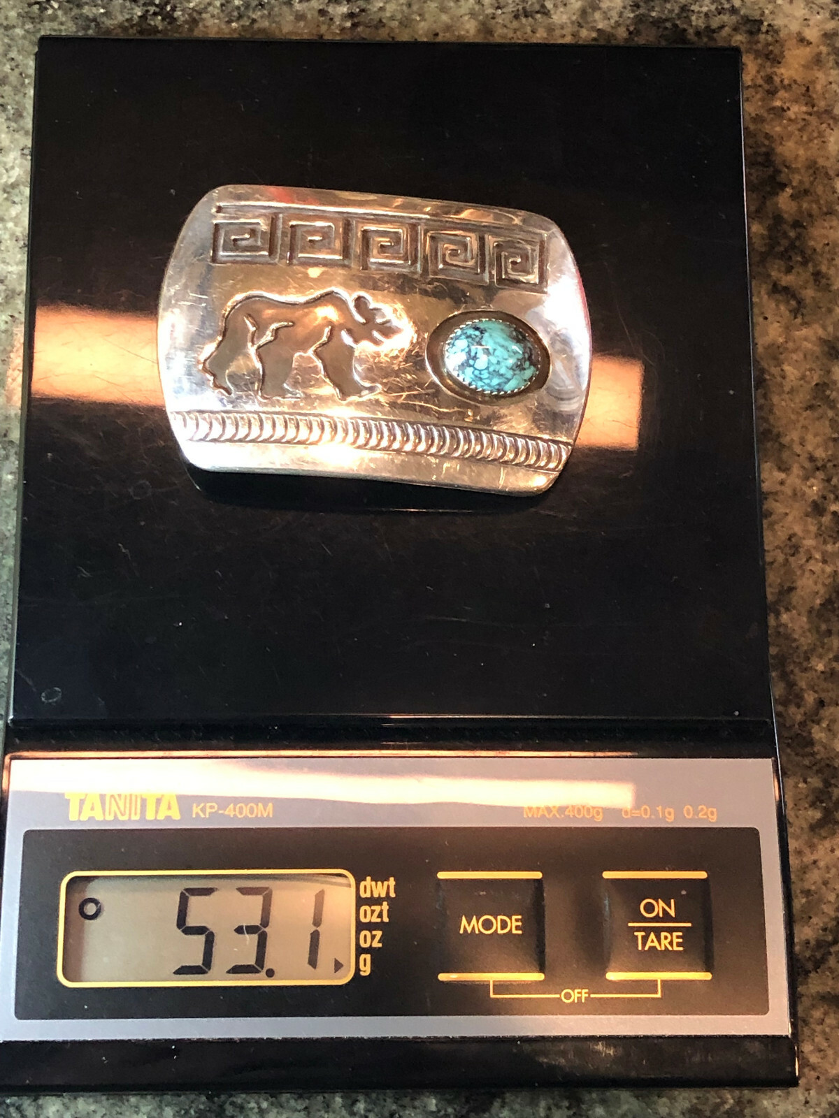 Navajo ~Rosco Scott ~Sterling Silver Overlay Turquoise Bear Belt Buckle – #419
