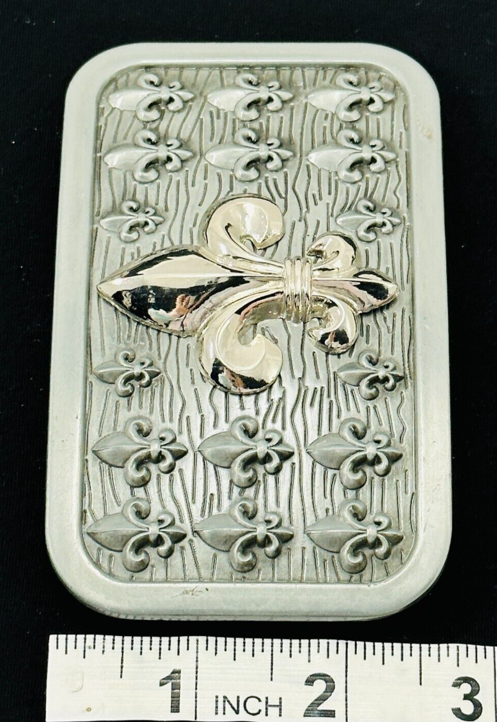 Belt Buckle Gold Tone Fleur De Lie Emblem on Silver Tone Rectangular