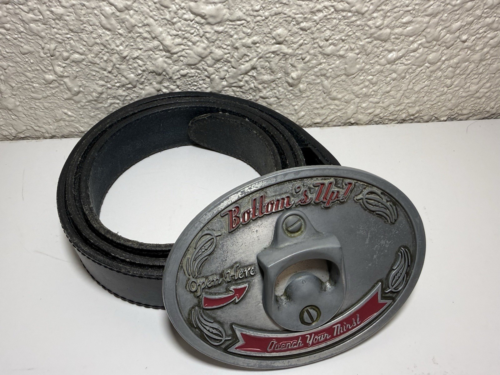 VTG Bottoms Up! Quench Your Thirst Open Here Belt Buckle Bottle Opener 48” Belt