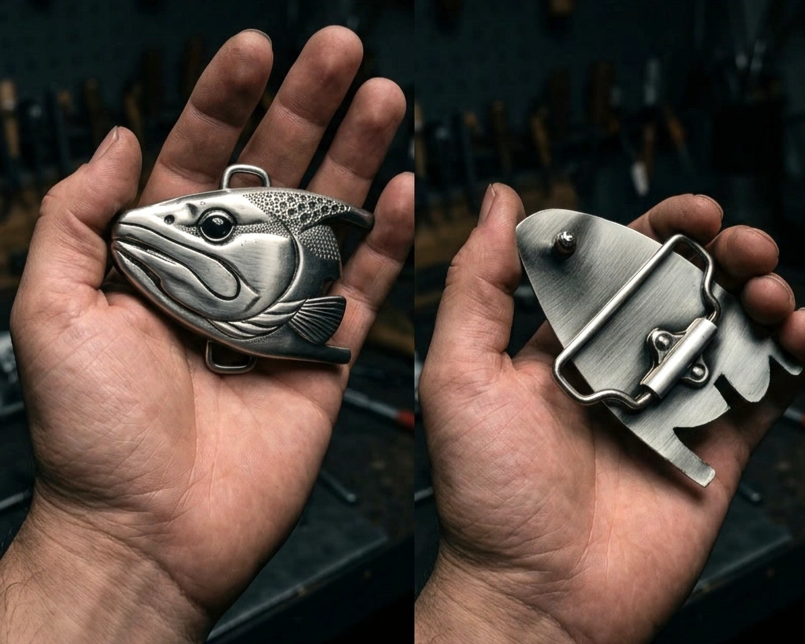 Graywolf Trout‑Head Belt Buckle • Antique Nickel / Silver • 3D Metal Fish Buckle