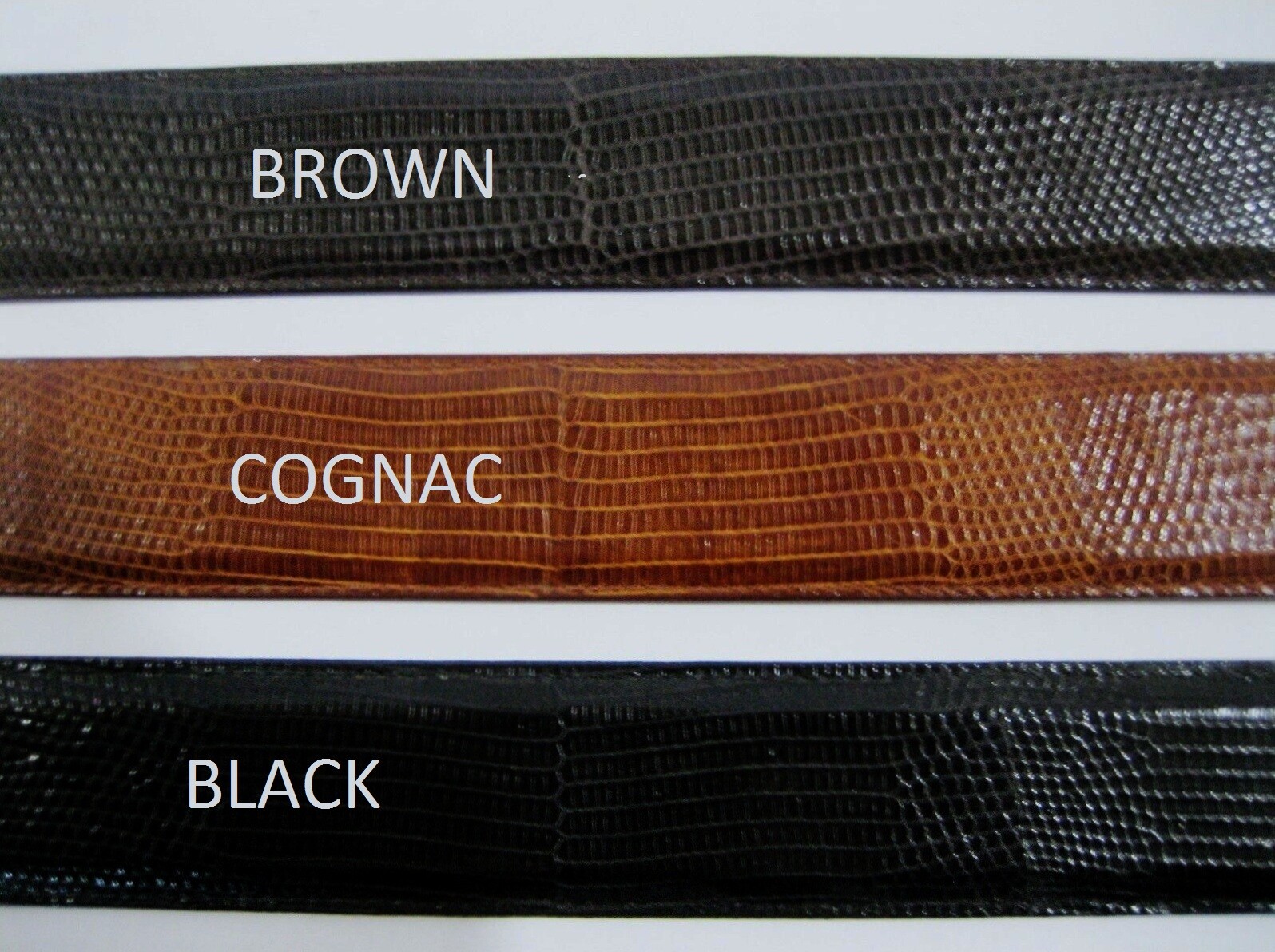 GENUINE LIZARD BELTS TAPERED 1-1/8&Prime; TO 3/4&Prime;, 15 COLORS 11 SIZES, MADE IN U.S.A.