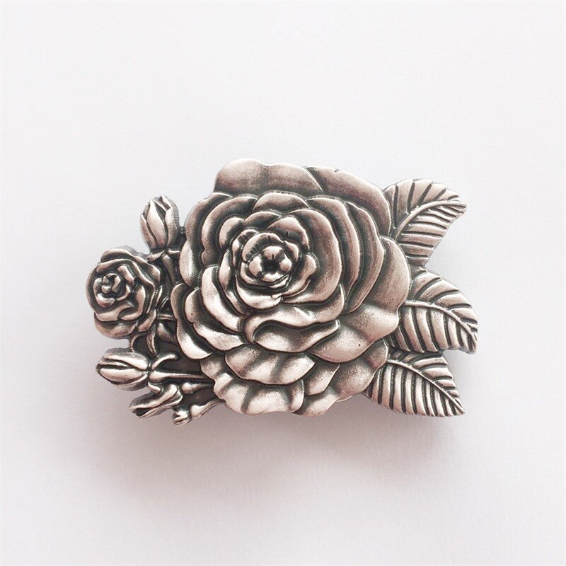 Vintage Silver Plated 3D Sculpt Western Rose Flower Belt Buckle