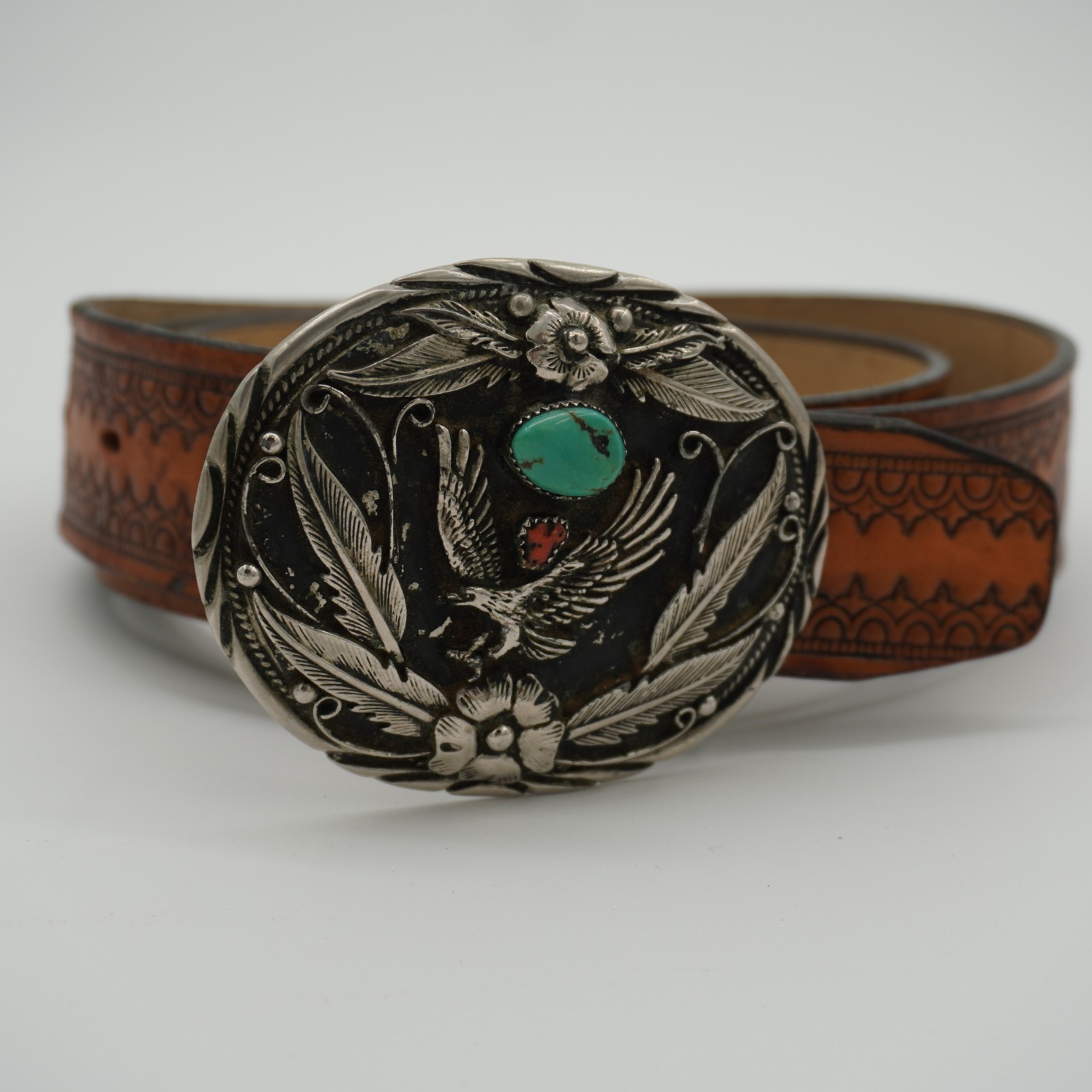 S.S.I Native American Eagle Floral Belt Buckle With Turquoise And Coral Stone