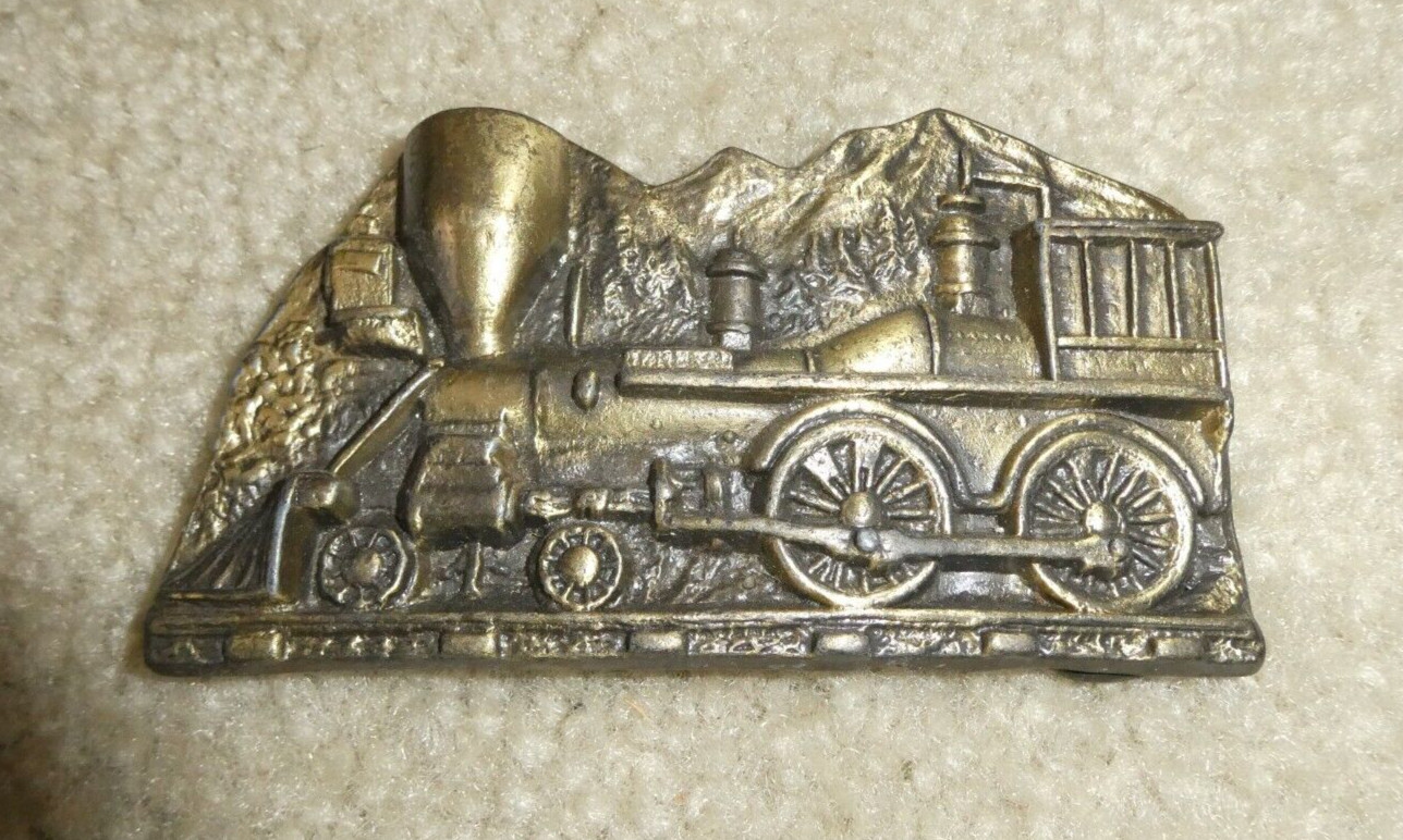 Vintage 1970s Brass Steam Locomotive on Track Belt Buckle 3 3/4&Prime; Wide