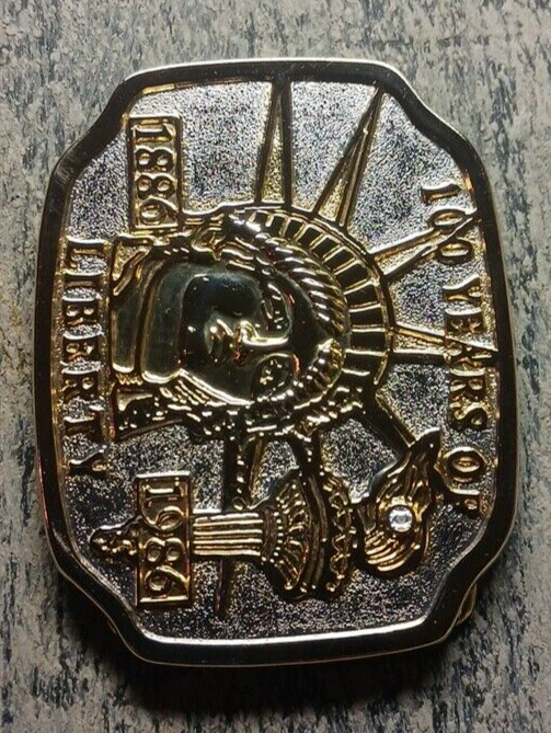 100 Years of Liberty 1886-1986 Gold & Silver Tones Belt Buckle 3 3/8&Prime; x 2 5/8&Prime;