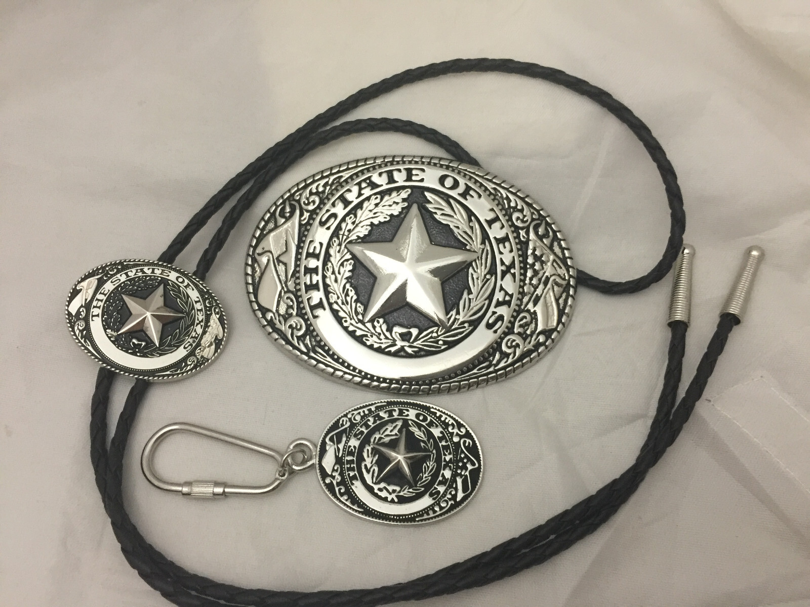 3 piece box set Great Seal of Texas Buckle Belt Buckle, Bolo & Key Ring Silver