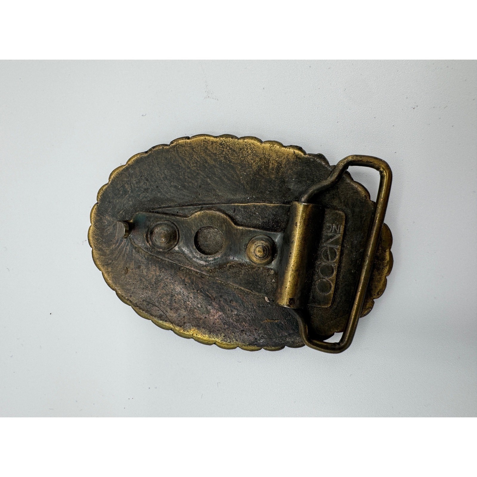 Vintage Oden Inc Brass Nautical Tall Ship Belt Buckle Oval Scrimshaw Style