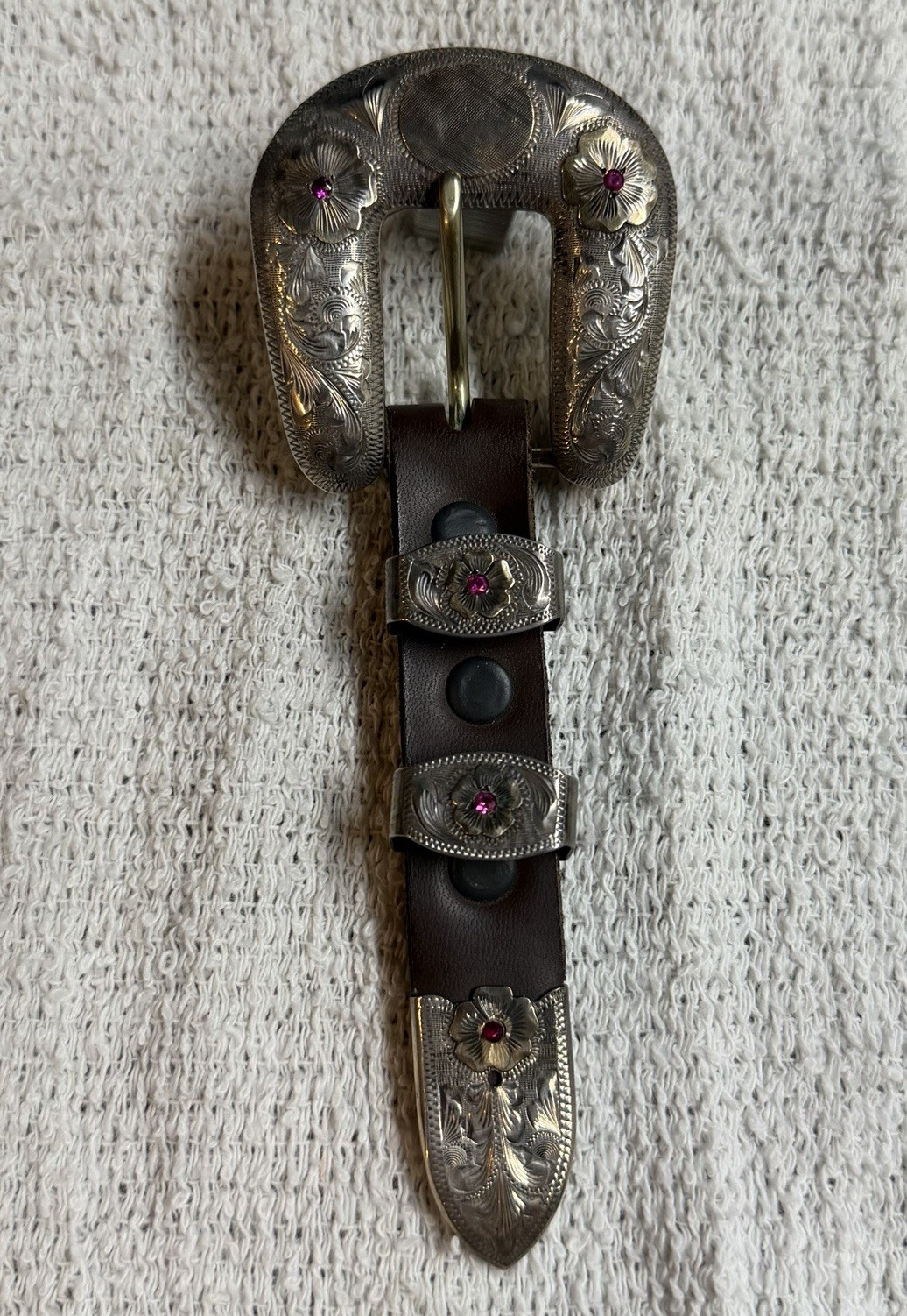 Vogt Sterling Silver 14K Gold Ruby Engraved Western Floral Belt Buckle 1.5 in