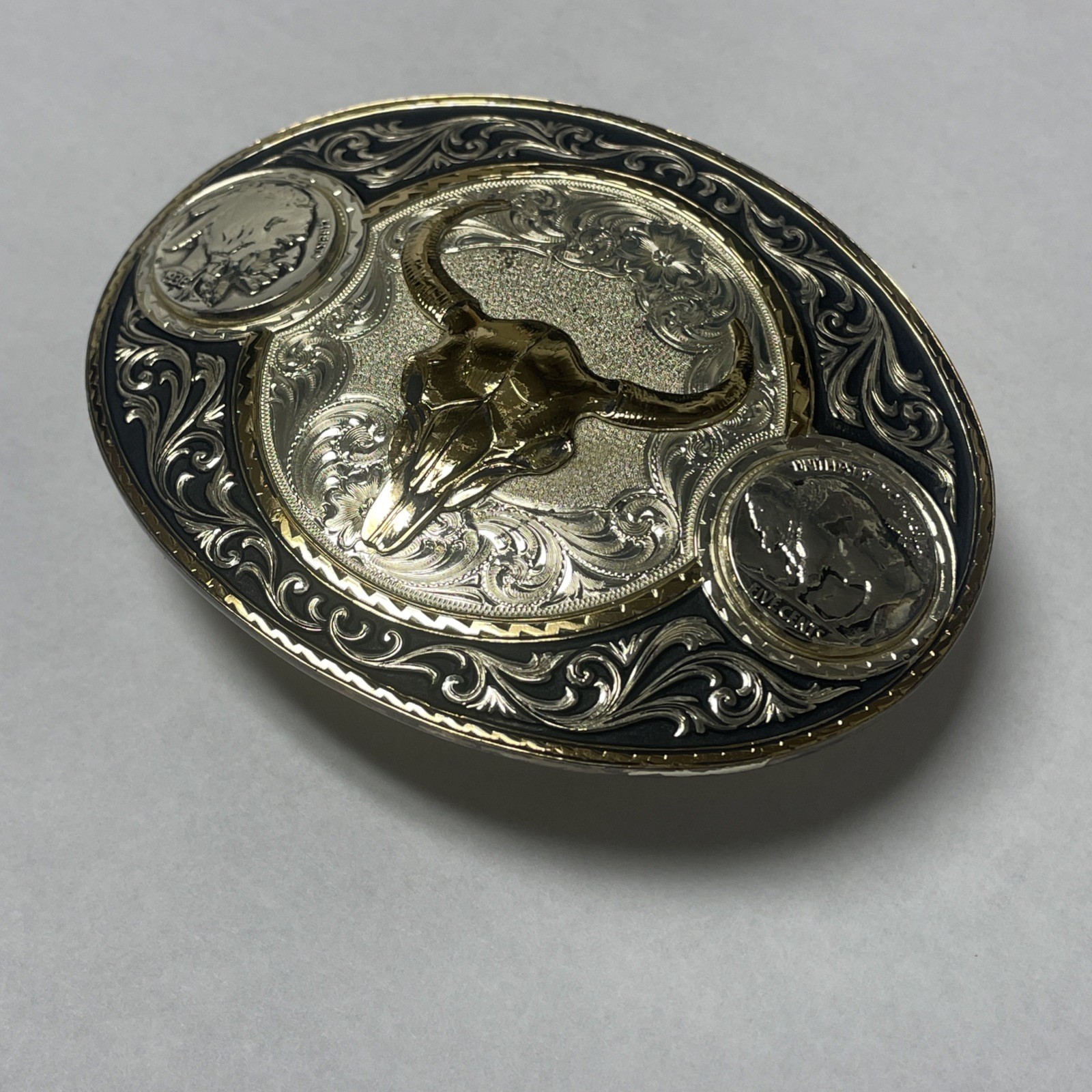 Montana Silversmiths Two-Tone Buffalo Nickel Belt Buckle with Longhorn Skull