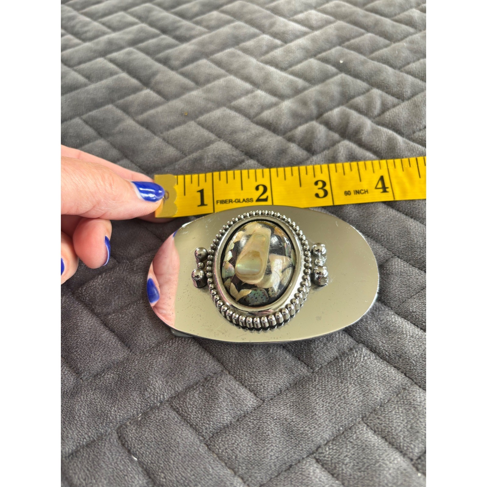 Vintage Silver Tone Abalone Shell Inlay Oval Belt Buckle Western Boho Iridescent