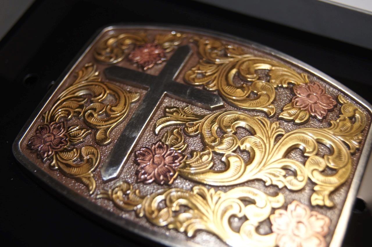 Nocona M&F Western Belt Buckle Rectangle Floral Cross 37945