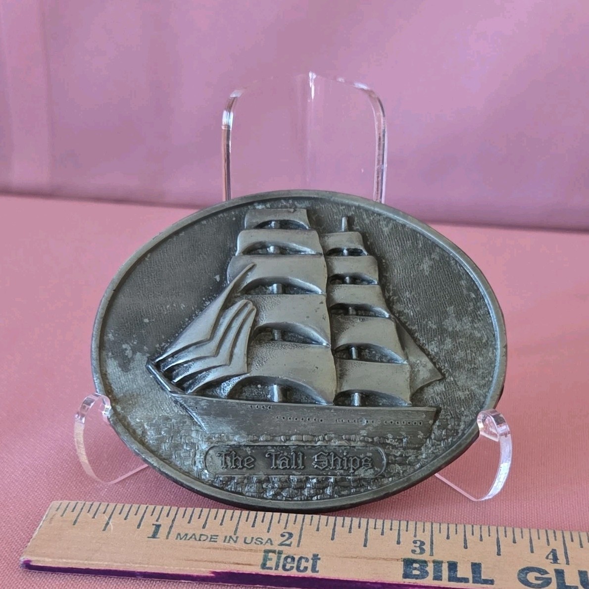 Vintage Pewter Tall Ships Belt Buckle Gray Metal Western Style Fits 1.5in