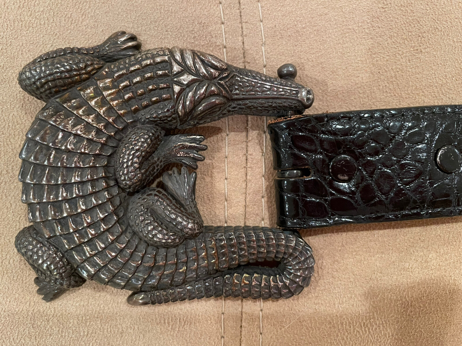 Huge! Kieselstein-Cord Sterling Alligator Buckle With Black Alligator Belt Sz 2