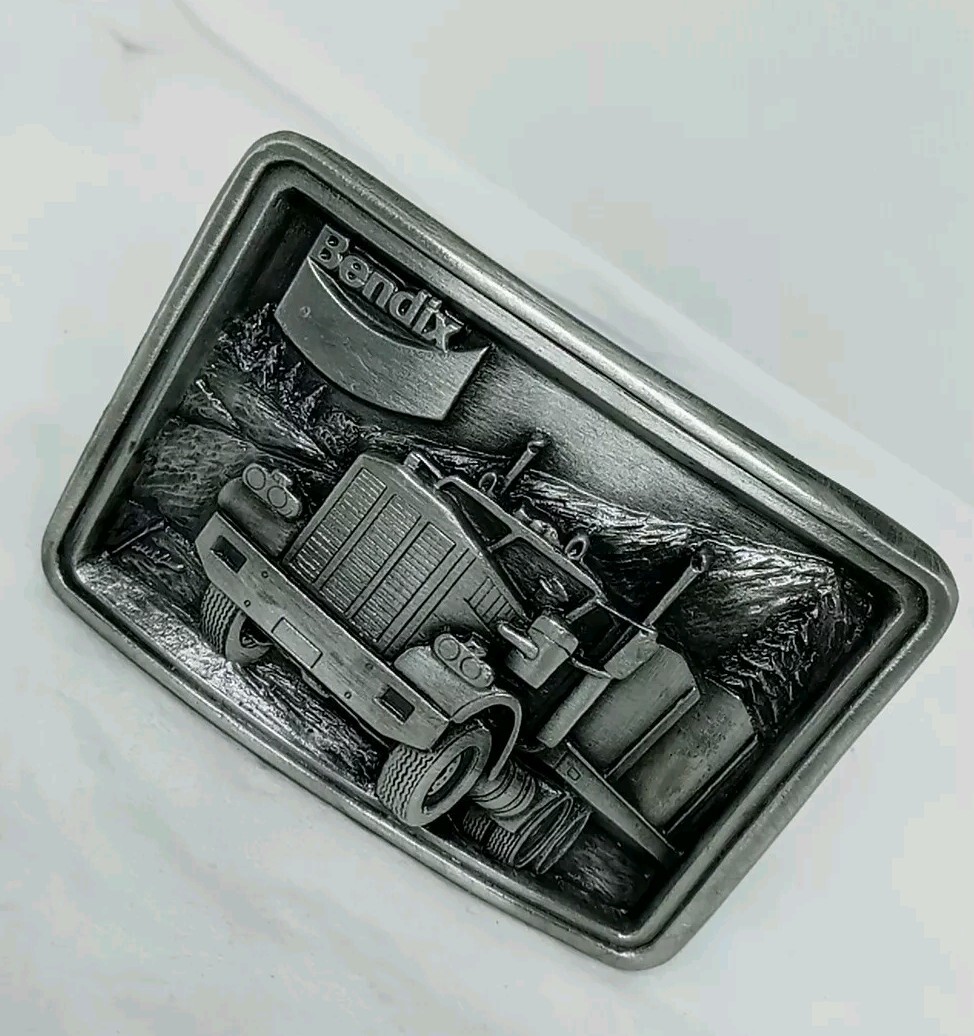 Vtg. Uniq Bendix Metal Embossed belt buckle Shaped Tractor-Trailer Truck.USA