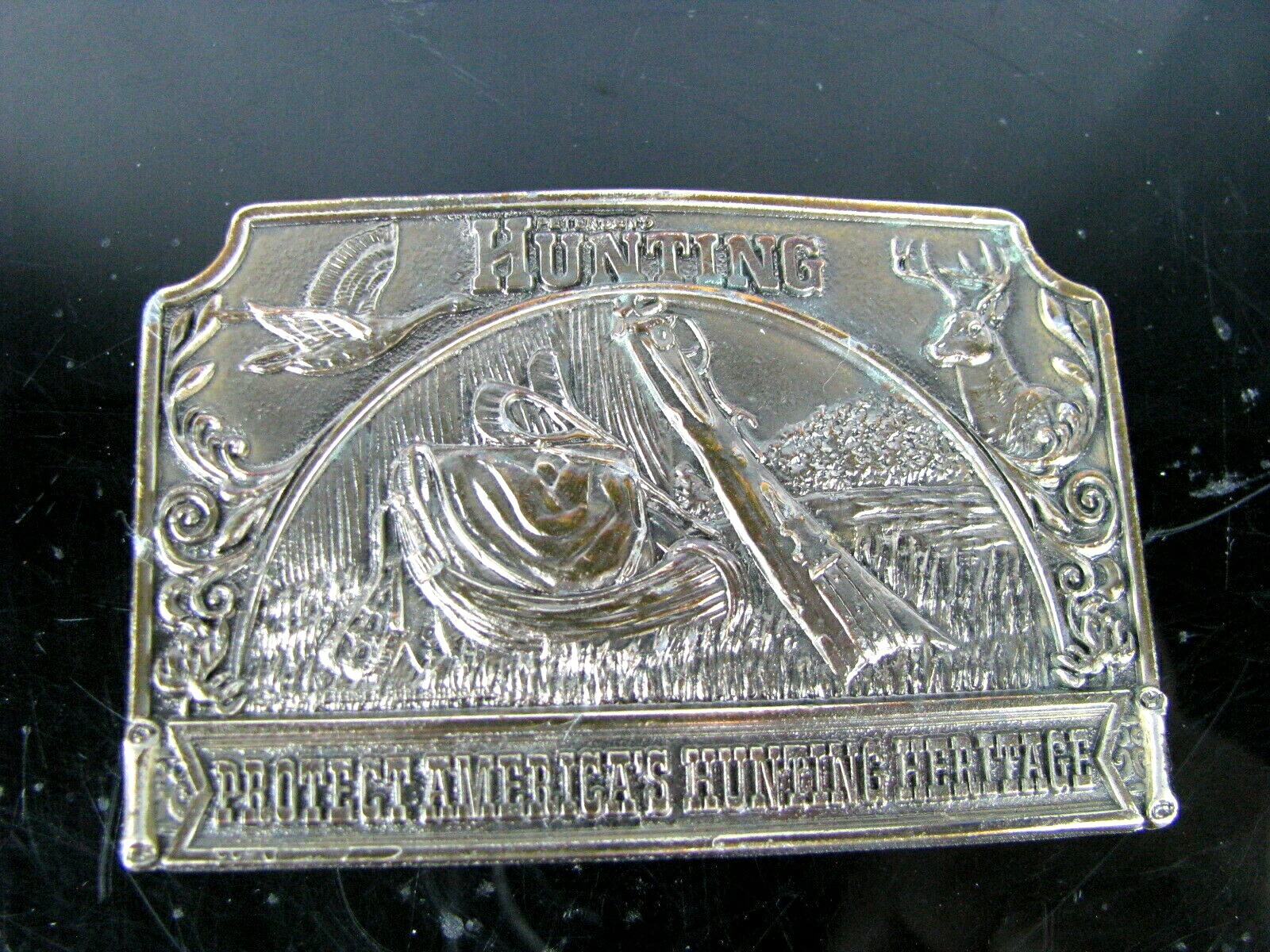 Vintage 1976 Protect America Hunting Heritage Belt Buckle Lewis Buckle Co