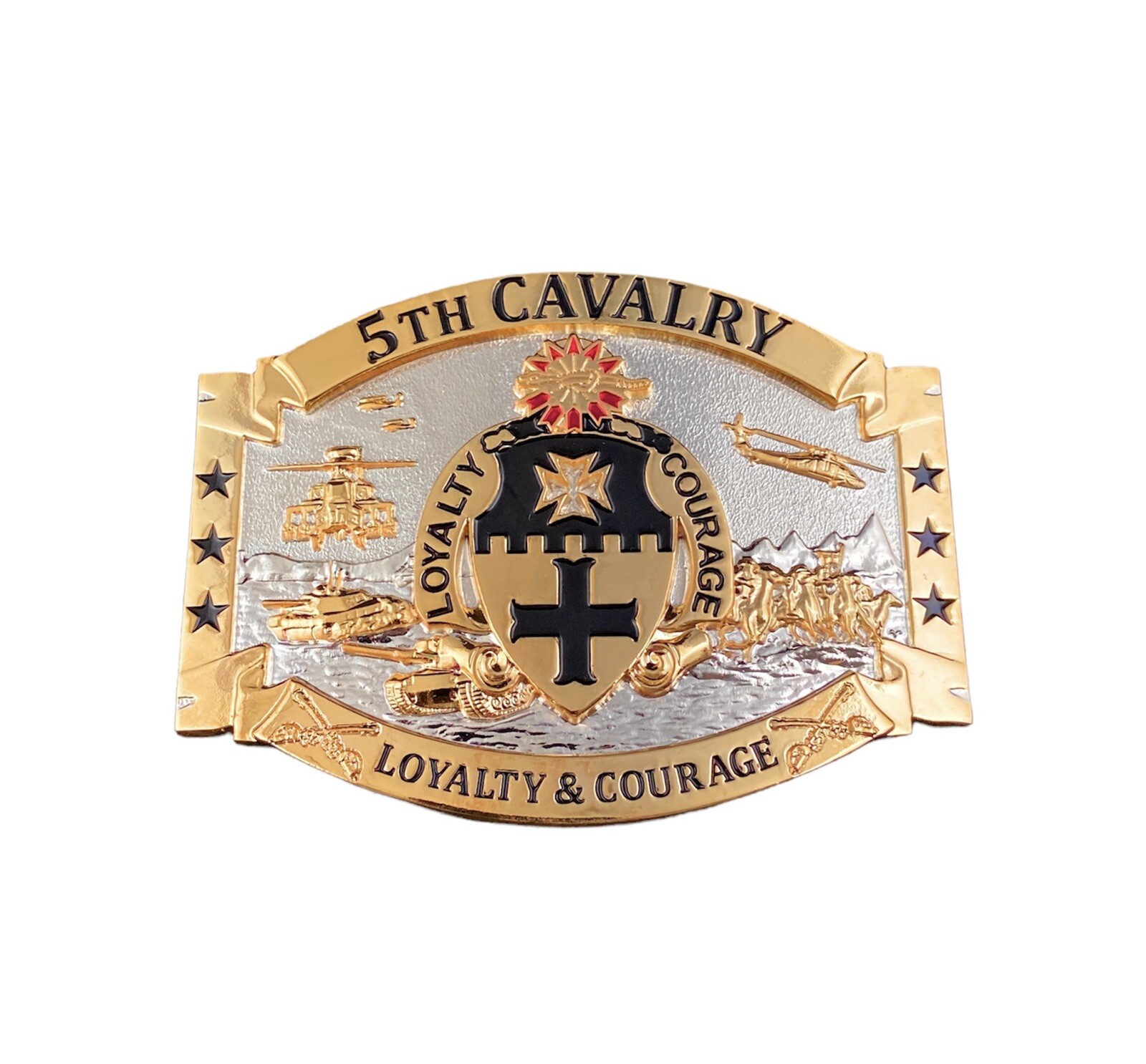 🌟US Army 5th Cavalry Regiment « Black Knights » Insignia, Gold Silver Belt Buckle