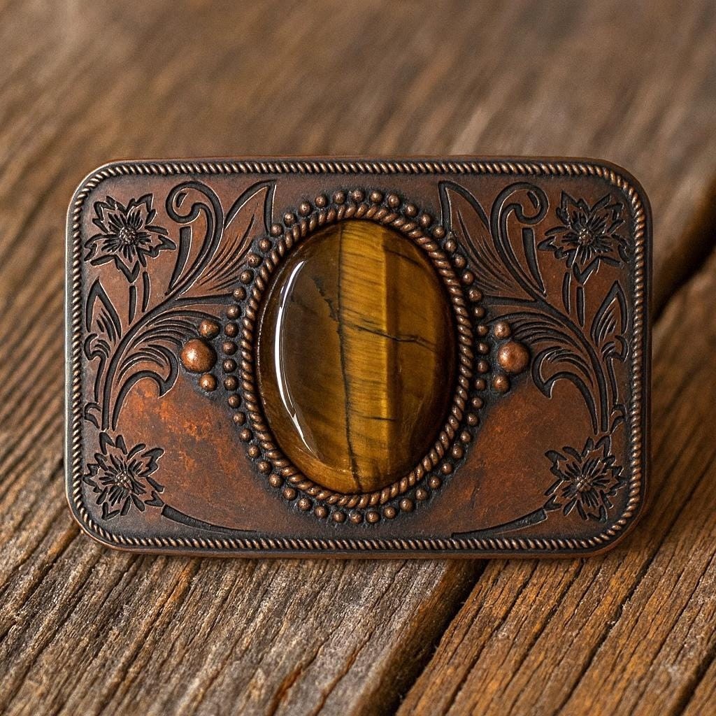 Bronze Tigers Eye Belt Buckle Antique Gold Silver Western Cowboy Style