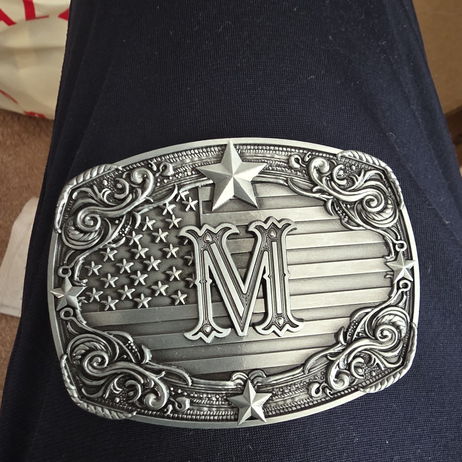 USA Flag Initial M Belt Buckle Western Cowboy Patriotic Monogram Fits 1.5 Belt