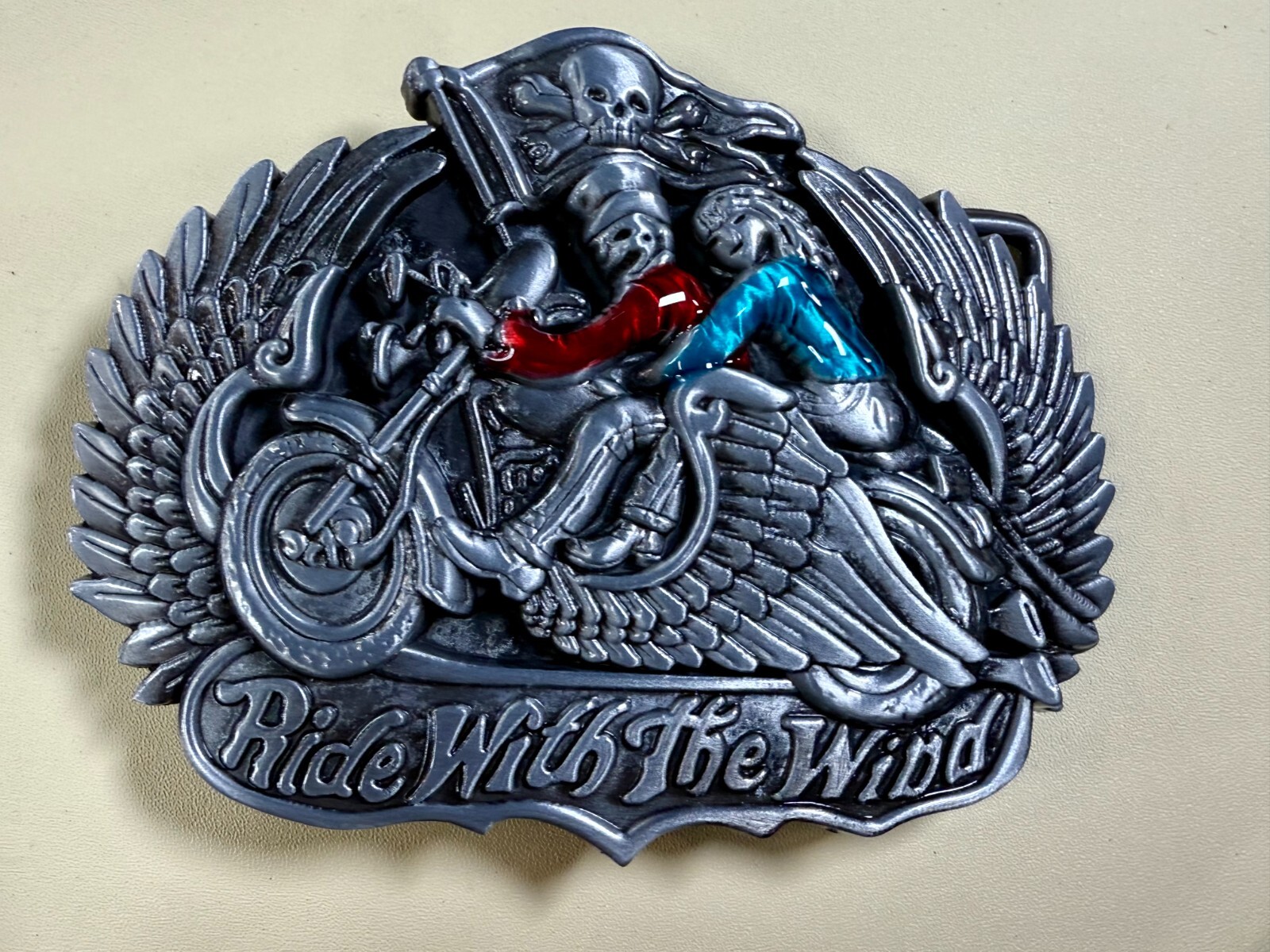 Ride With The Wind Wings Skull Flag Motorcycle Bikers Riders Cutout Belt Buckle
