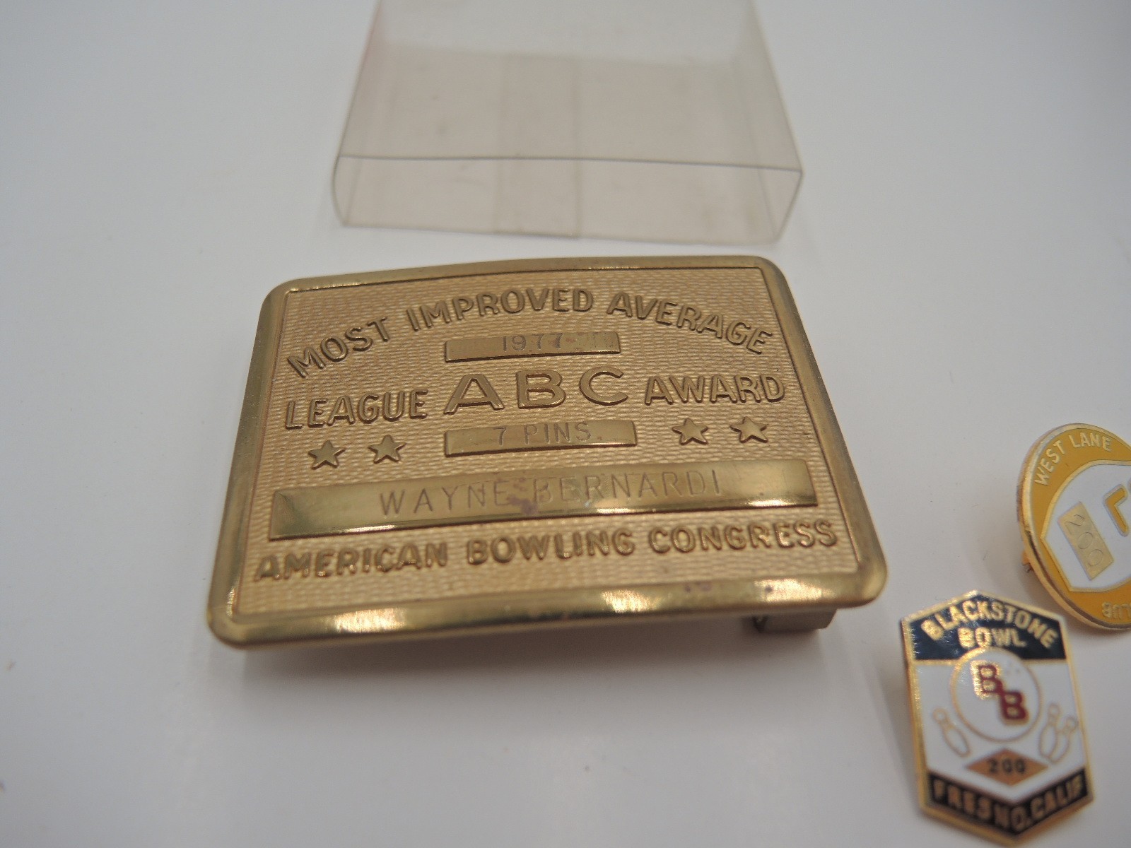 Vintage ABC Bowling Award Brass Belt Buckle Most Improved Average + 2 pinbacks