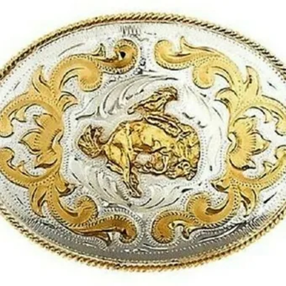 New! German Silver & Gold BUCKING BRONCO RODEO BELT BUCKLE Size XL Western