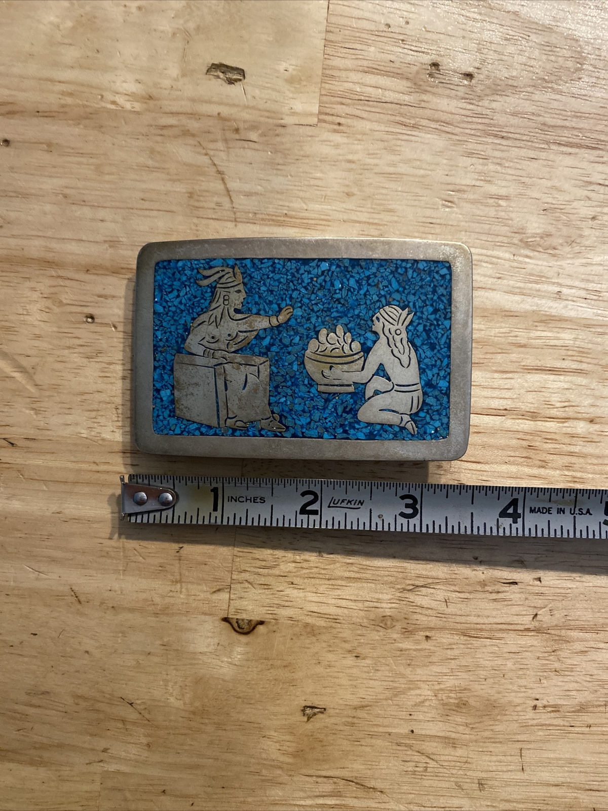 Aztec Sterling Silver .925 Vintage Belt Buckle Turquoise Collector Patina 2.7 OZ