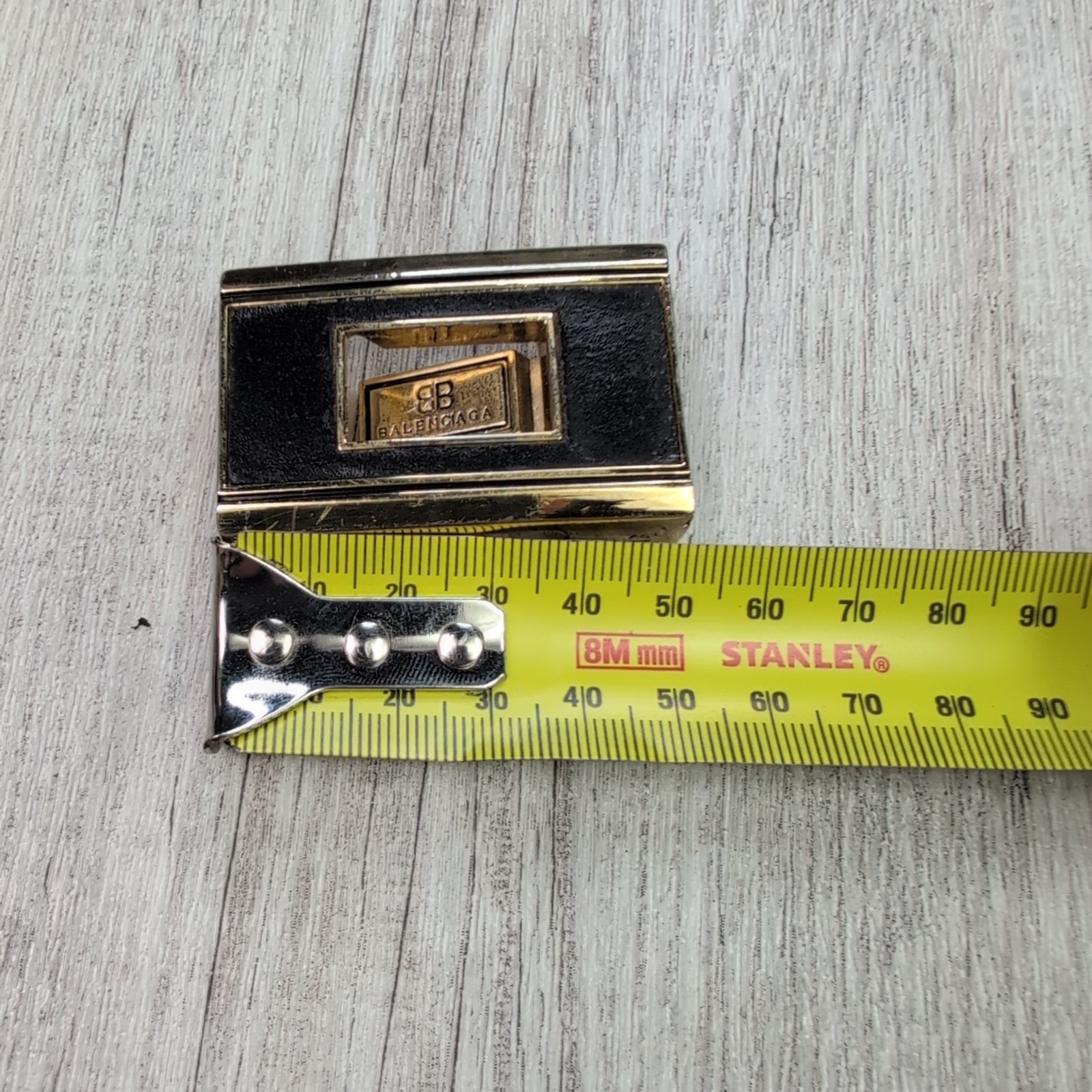 Balenciaga Black Gold Tone Belt Buckle Rectangle BB Logo Vintage Style Accessory