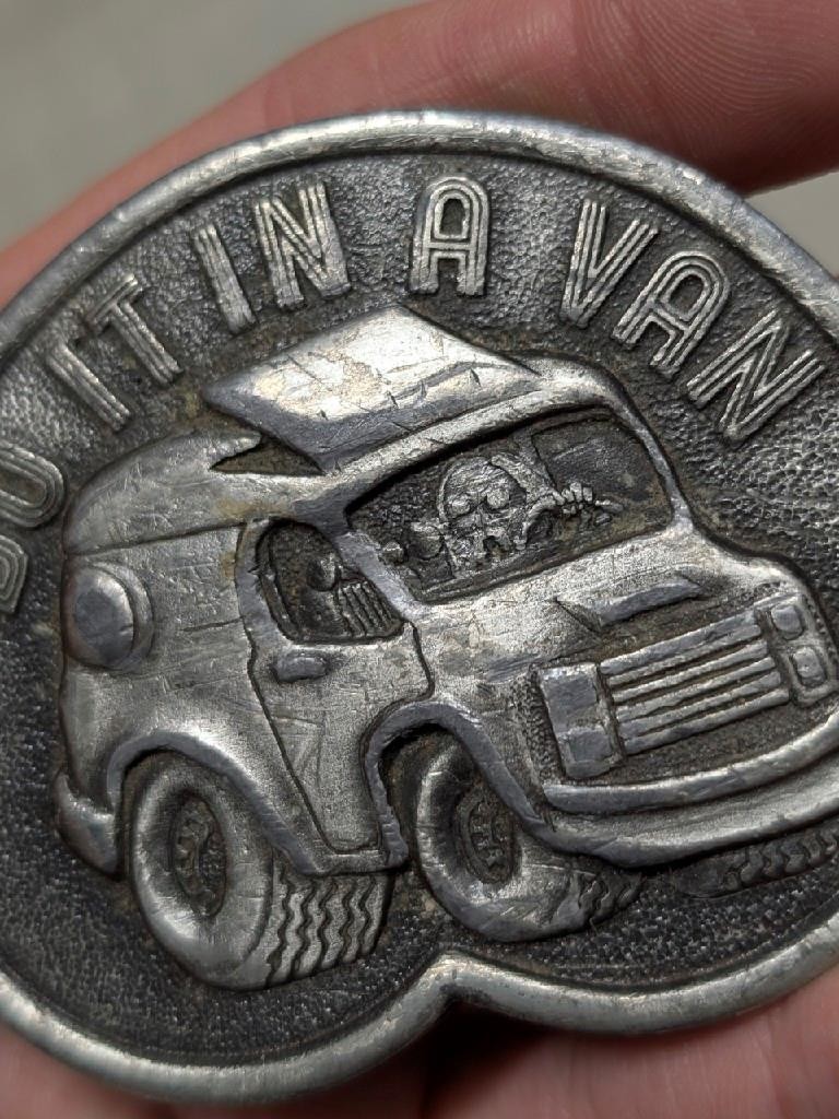 vintage 1970s belt buckle HIPPIE camper DO IT IN A VAN vw bus CAMPER western