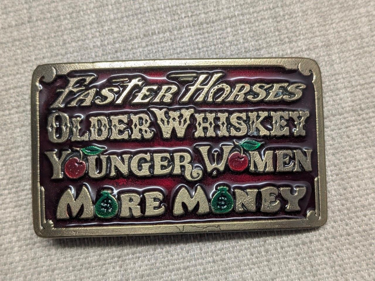 1970s vintage SOLID BRASS enamel WHISKEY money WOMEN horses WESTERN bourbon