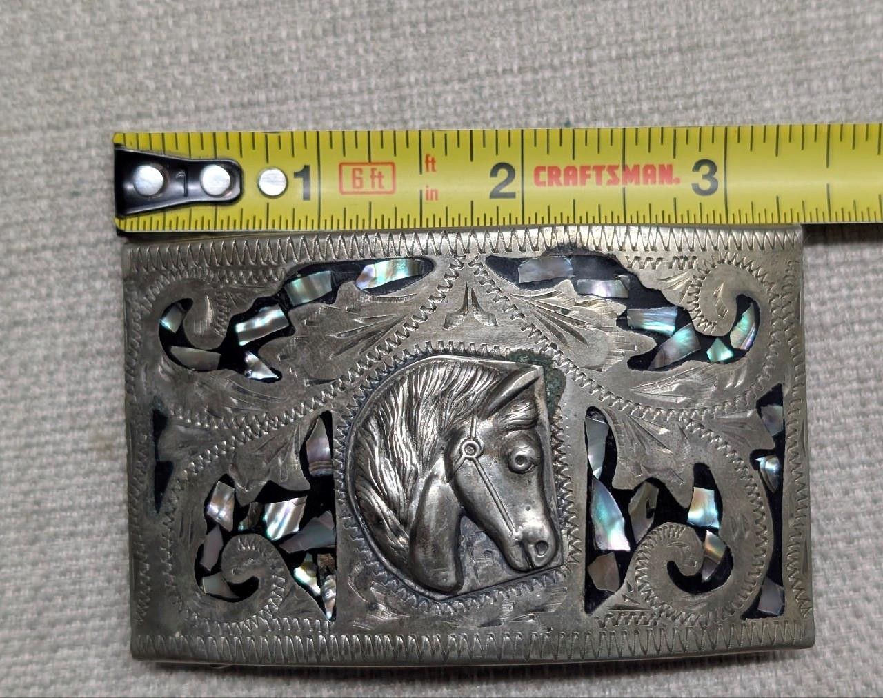 vintage WESTERN buckle belt HANDCRAFTED german silver ALPACA abalone HORSE