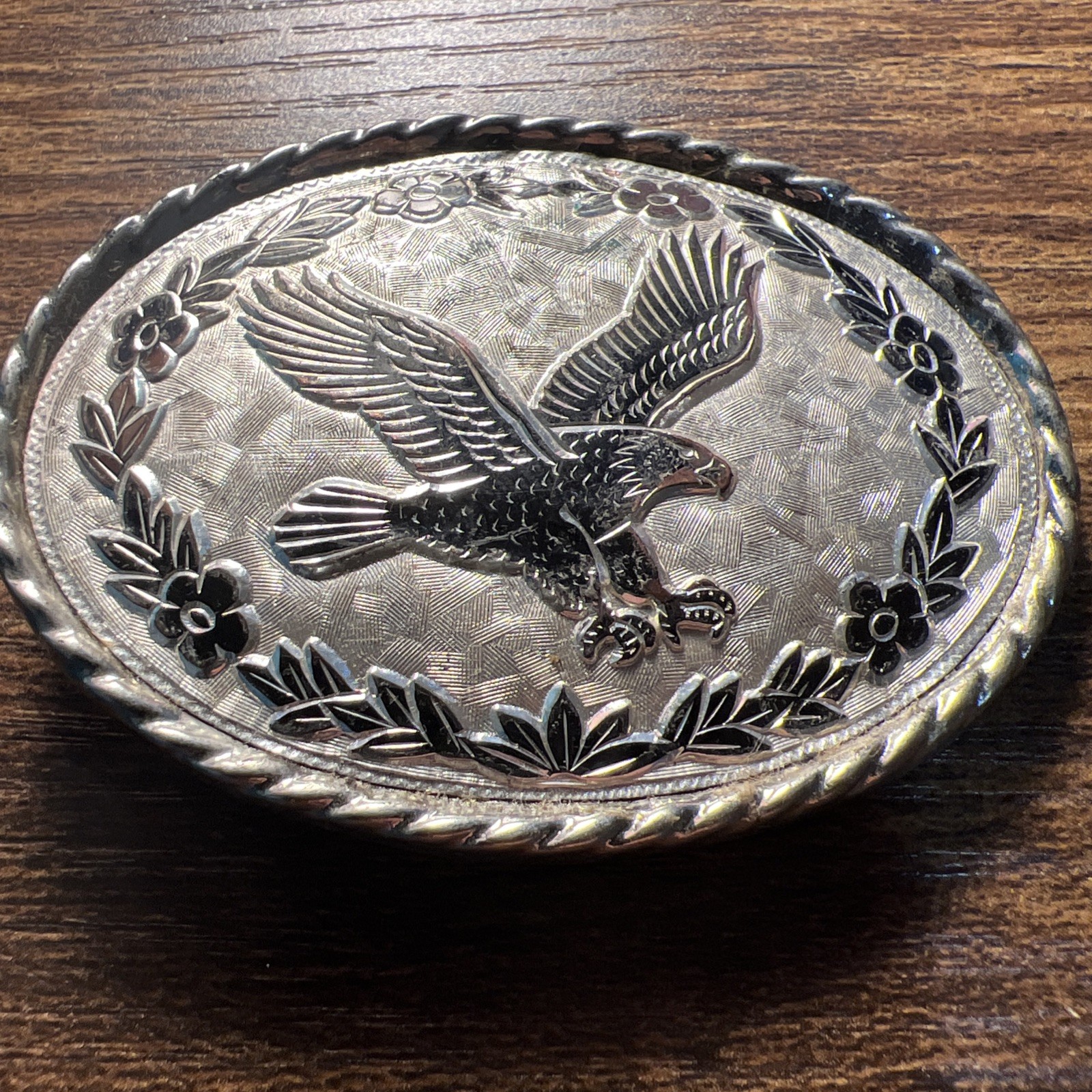 Vintage American Flying Eagle Oval Belt Buckle Etched Leaf USA Made Silver Tone