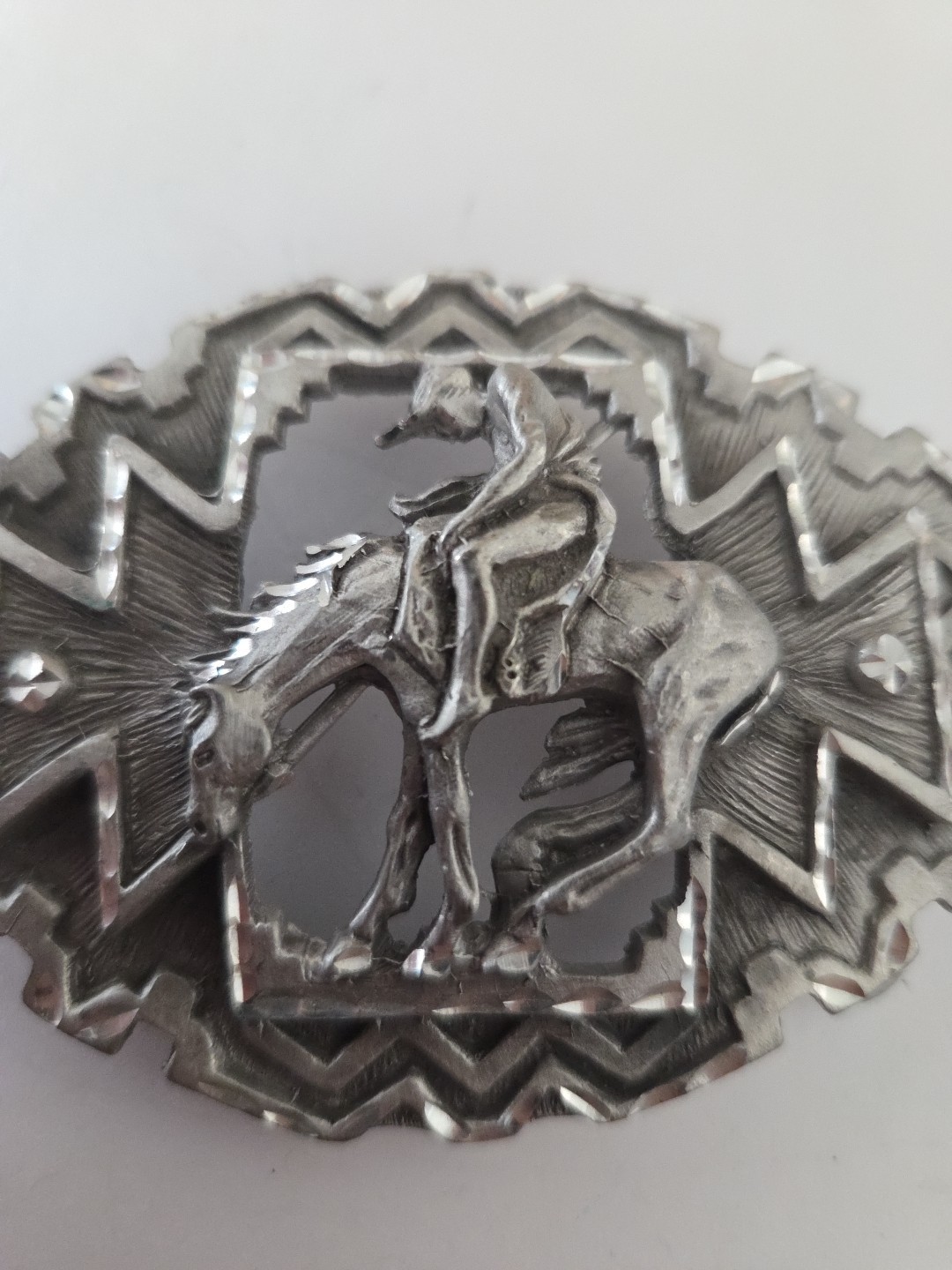 Metzke Vintage Diamond Cut Pewter Man Riding Horse Pewter Belt Buckle
