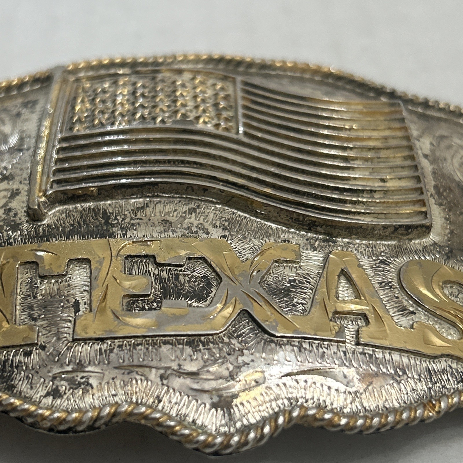 Vintage Texas, U.S. Flag Large Western Distressed Cowboy Buckle Made In Mexico