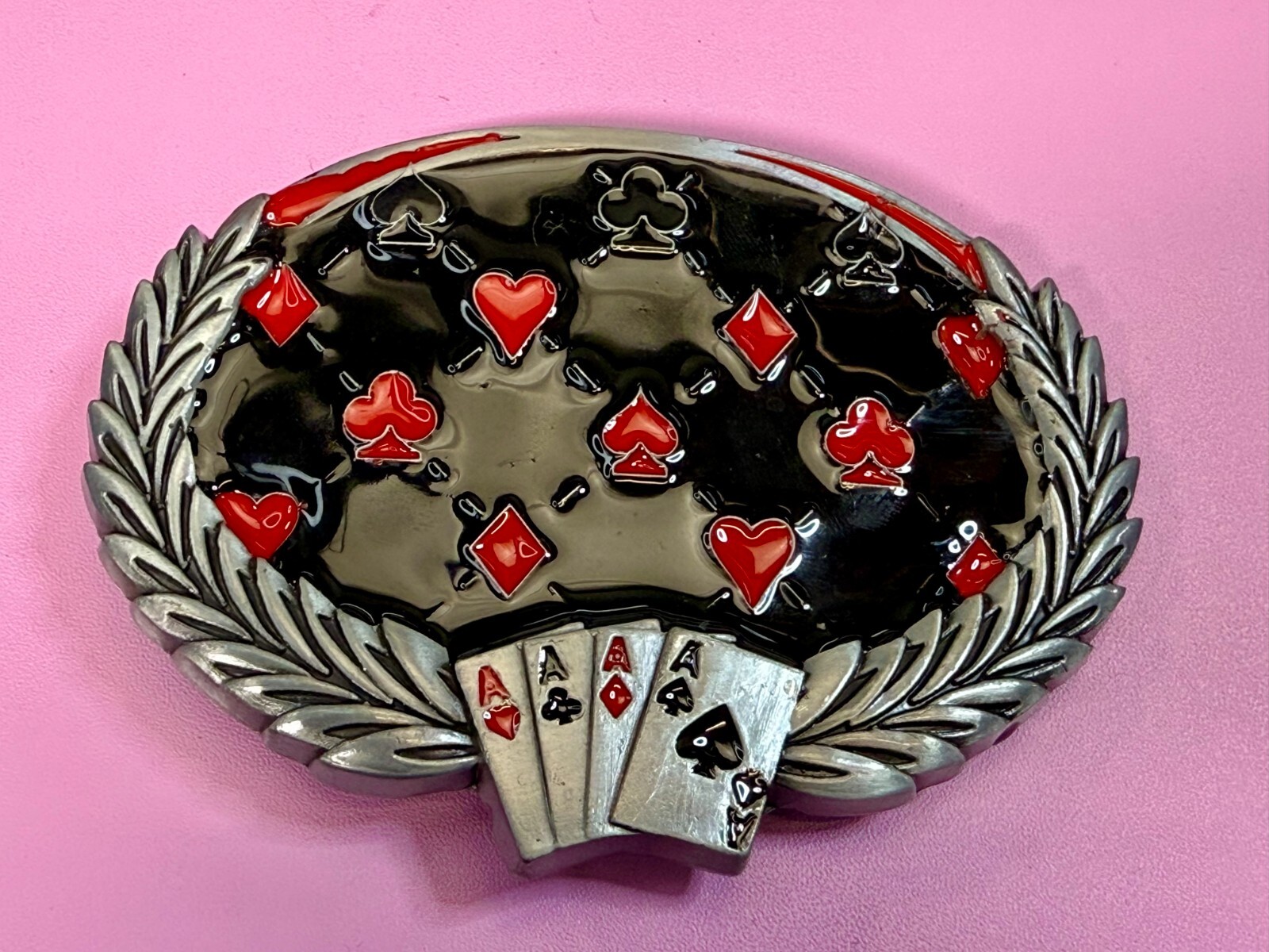 Four Aces Laurel Leaf Playing Card Casino Las Vegas Gambling Gambler Belt Buckle