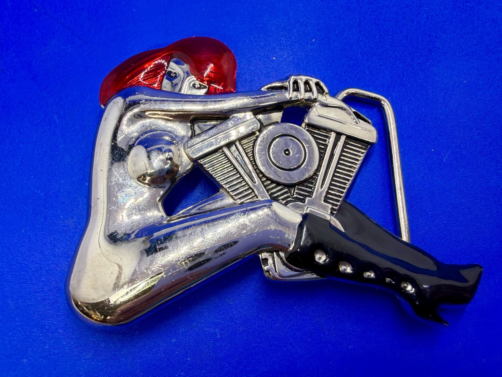 Woman Hugging V-Twin Engine with Red Enamel Hair Novelty Figural Belt Buckle