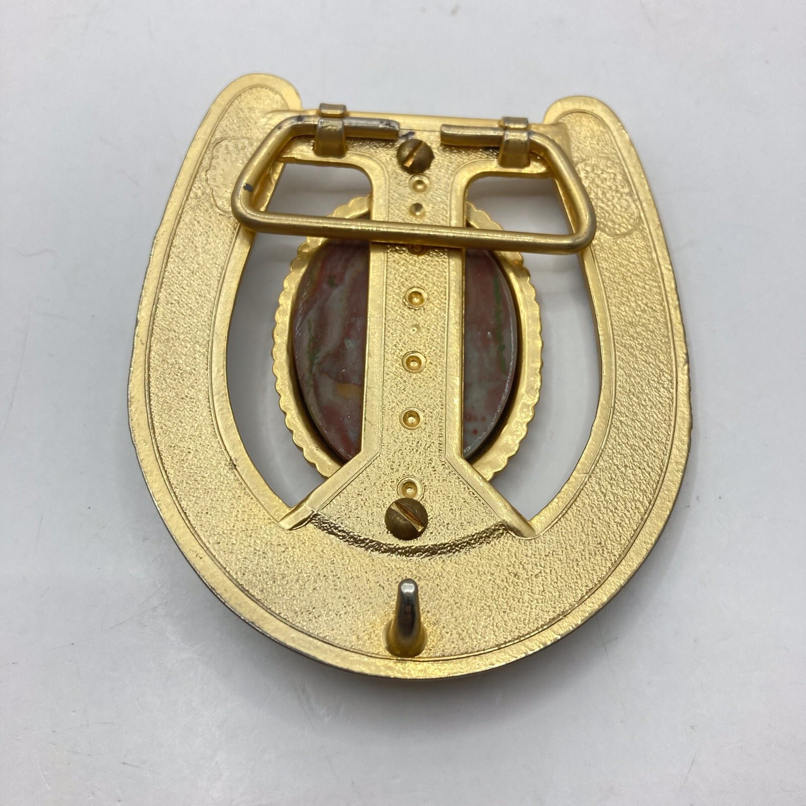Western Horseshoe Belt Buckle Agate Cabachon Gold Tone Unisex 2.5×3.25” Luck SEE