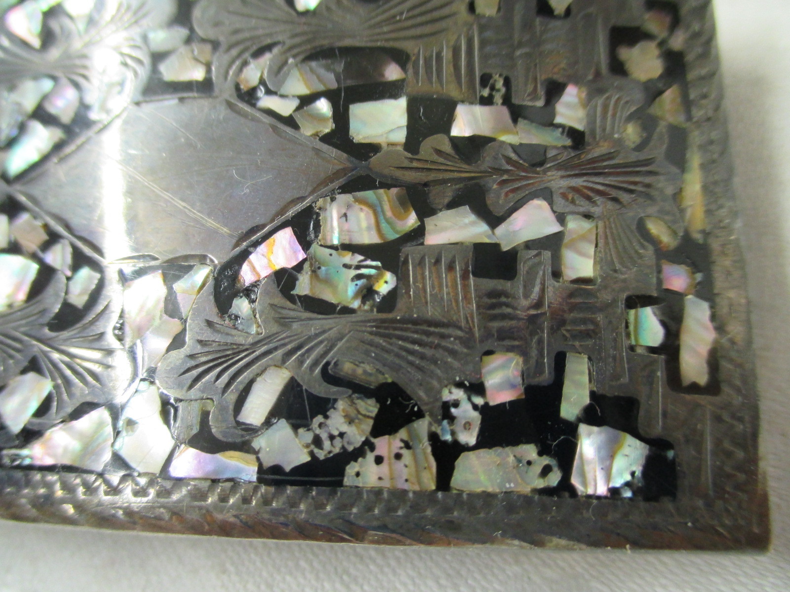 Vintage Guad Mexico Sterling 925 Belt Buckle Mother of Pearl mosaic Signed AOR